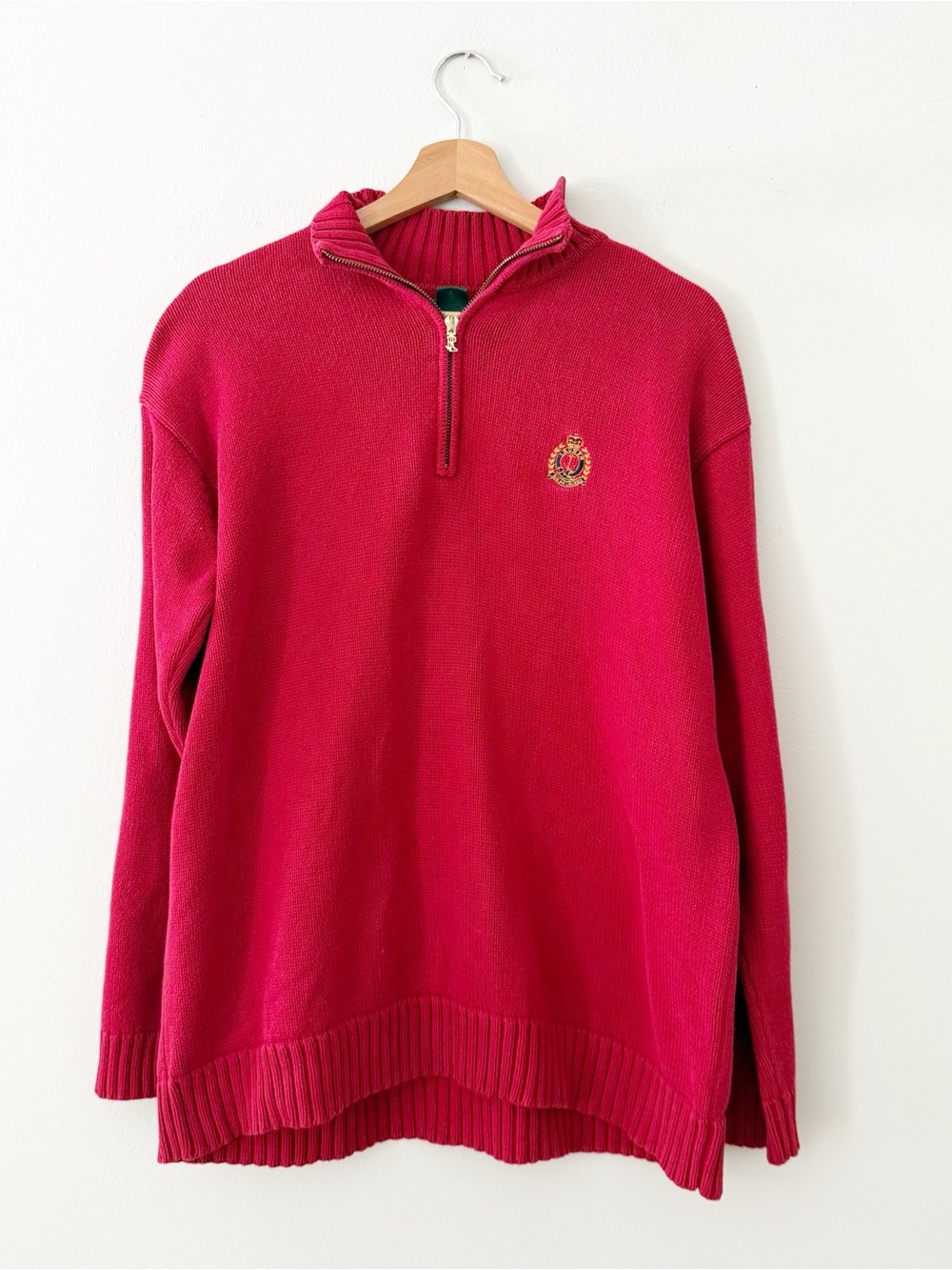 LRL Ralph Lauren Sweater Red Cotton Knit Quarter Zip Mock Neck LRL Crest Large.